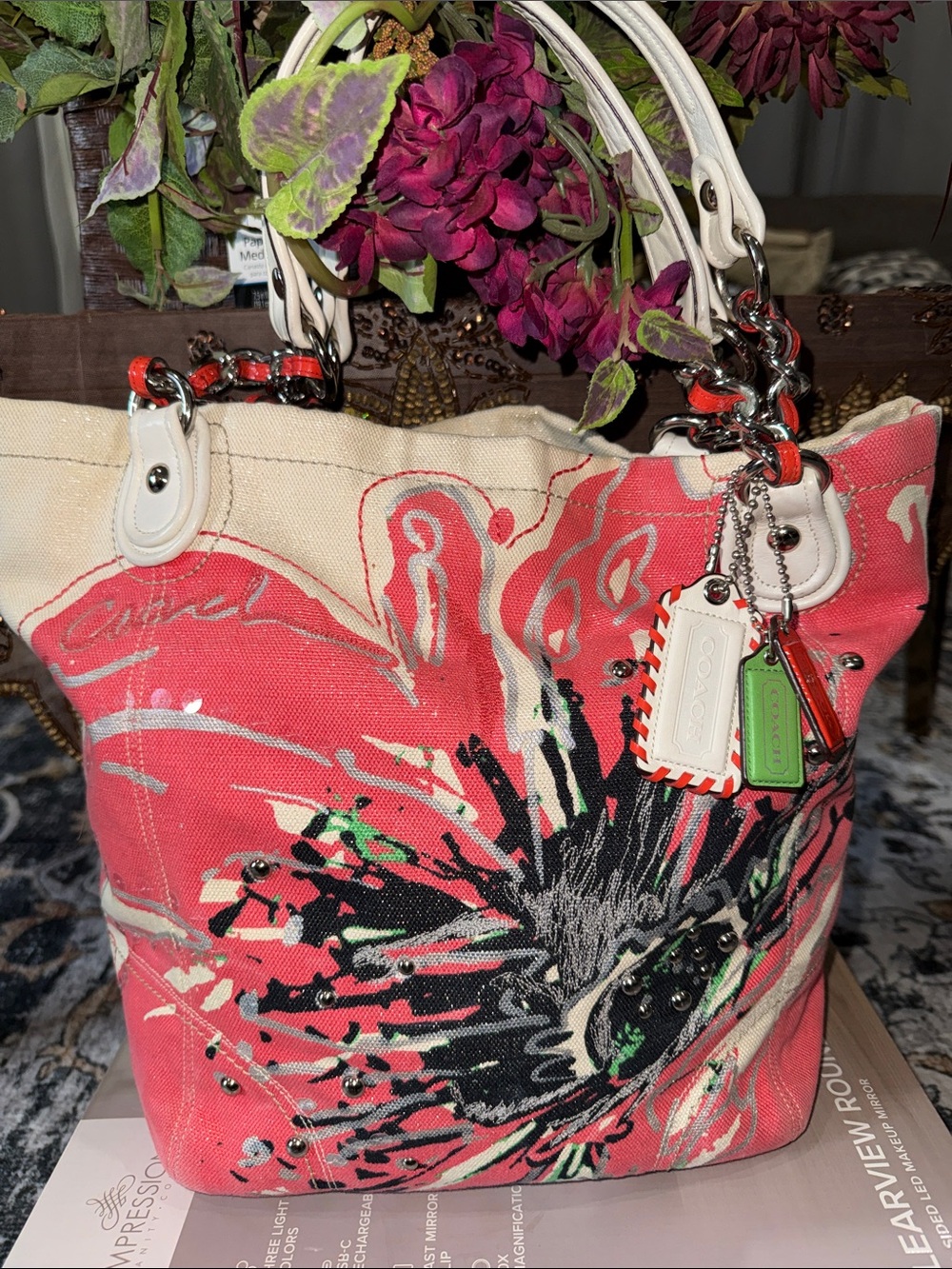 Coach  Poppy EUC Coral Pink Floral Canvas Tote Sequin shoulder Bag